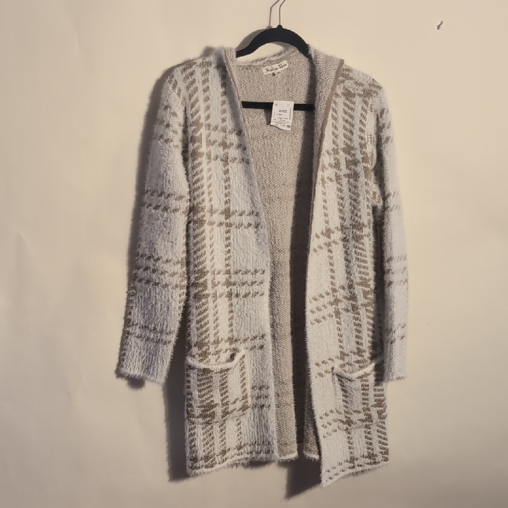 Fuzzy Plaid Hooded Longline Cardigan – Cream and Taupe Eyelash Knit Size Medium